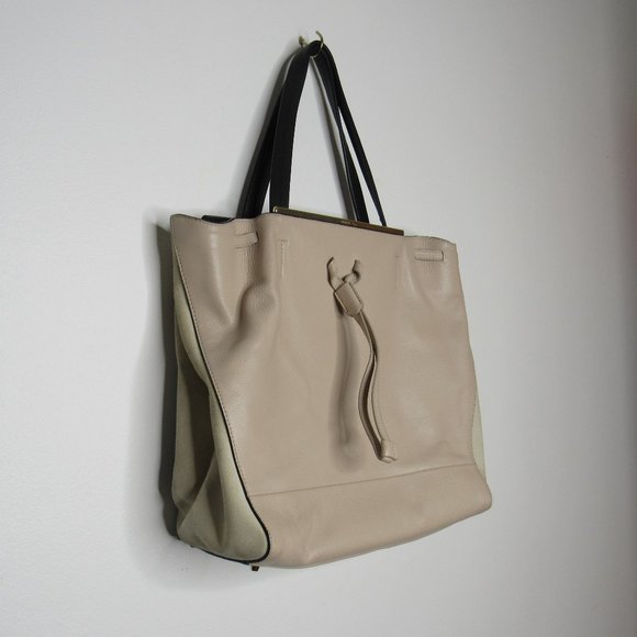 Furla Leather and Suede Drawstring Tote Bag Purse Beige and Black - Picture 2 of 10